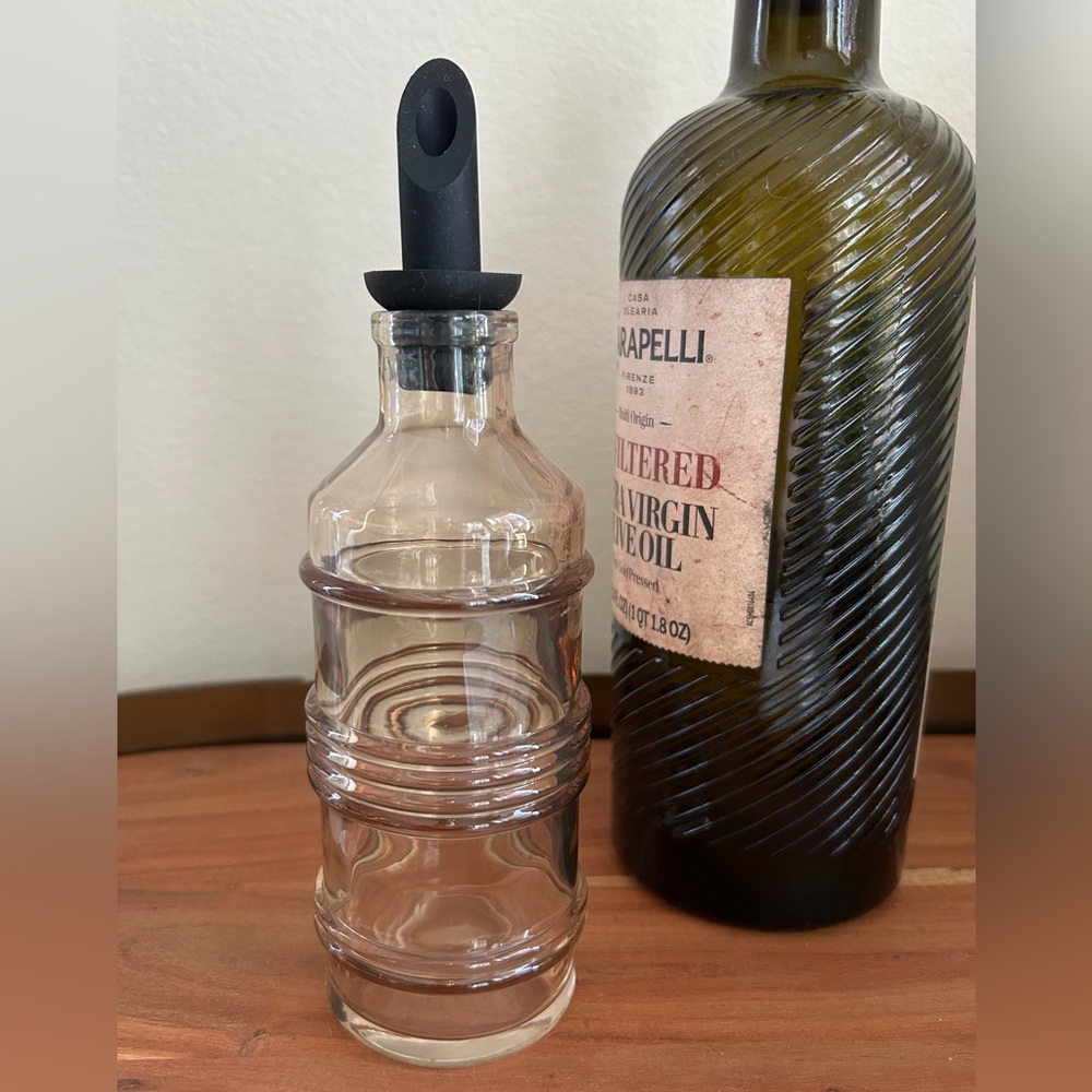 Crate&Barrel Amber Glass Cruet-Dispenser with Black silicone spout